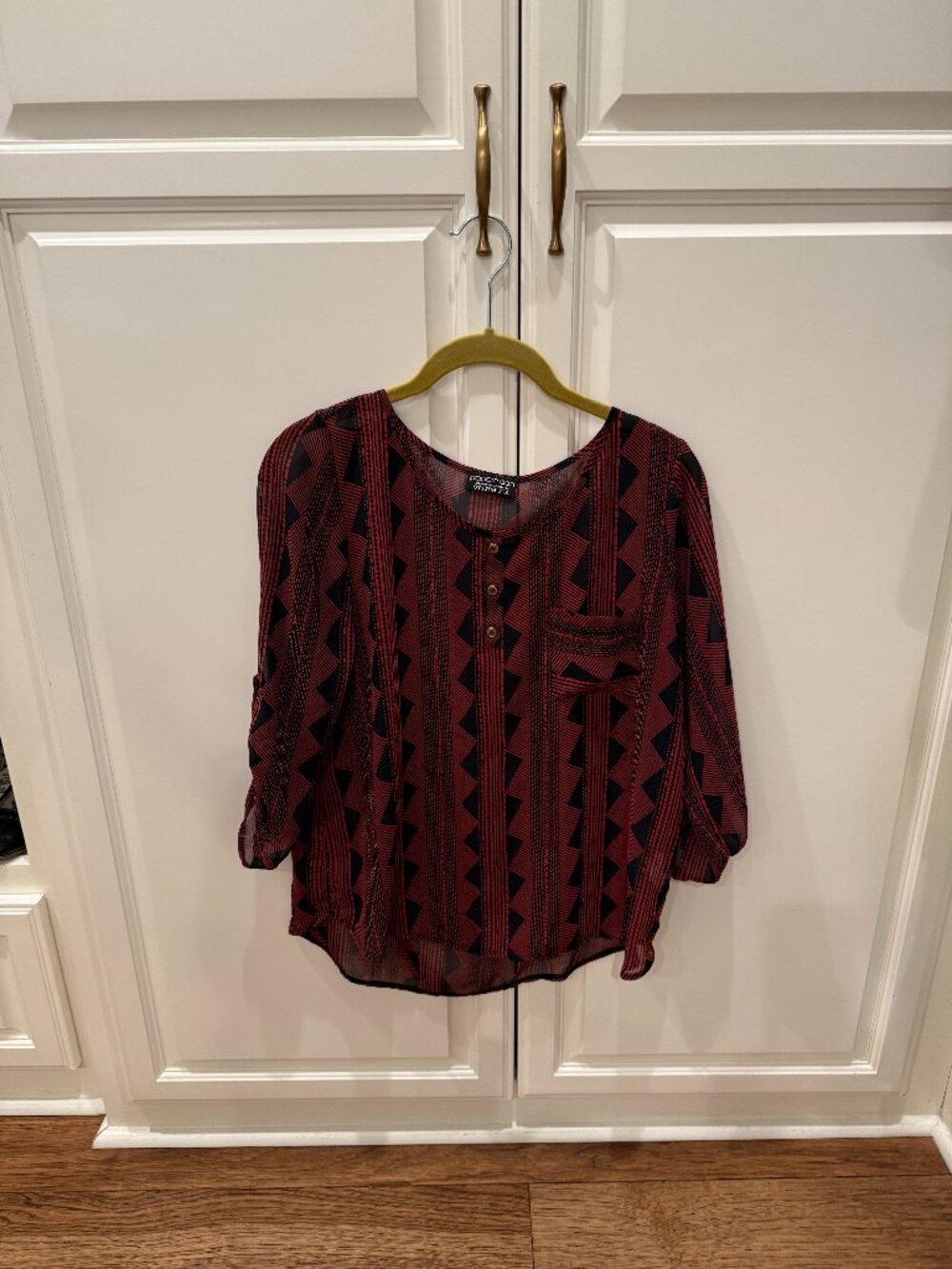 Papermoon designed for Stitch Fix rust and navy shear loose fitted henley blouse